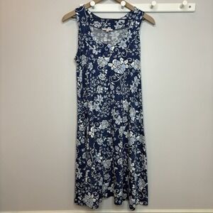 Stretchy Sleeveless Midi Tank Dress Medium Blue Flowy Beach Coastal Floral Beach